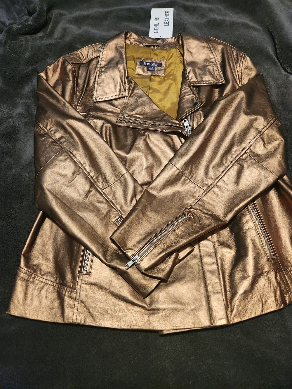 Roaman's Metallic Gold Leather Moto Jacket - Women